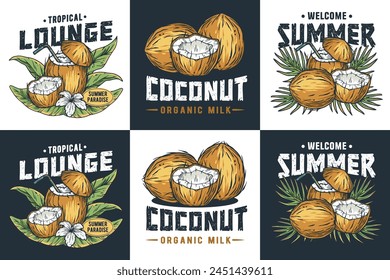 Exotic tropical coconut illustration set with organic fruit and refreshing milk for summer paradise lounge and vintage graphic artwork design in a natural, healthy, and creative botanical concept.