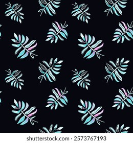 Exotic tropical colorful background. Seamless pattern with tropical leaves and dots. Bright summer illustration. Tropical Design for fabric, paper and more