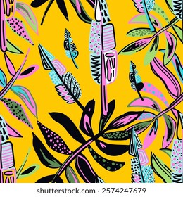 Exotic tropical colorful background. Seamless pattern with tropical leaves and dots. Bright summer illustration. Tropical Design for fabric, paper and more