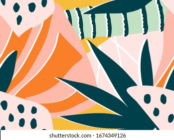 Exotic tropical colorful collage background. Abstract seamless floral vector pattern