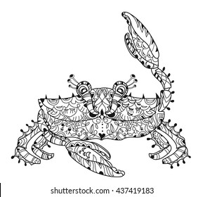 Exotic tropical crab with floral zen art. Hand drawn doodle for adult or children coloring book. Sea life illustration.