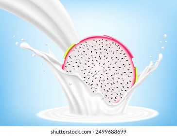 Exotic, tropical Dragon fruit in splash of yogurt or milk, cocktail splash and drops, Milkshake splash with pitaya or pitahaya. Realistic 3d vector illustration