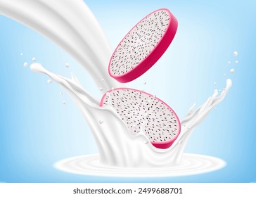 Exotic, tropical Dragon fruit in splash of yogurt or milk, cocktail splash and drops, Milkshake splash with pitaya or pitahaya. Realistic 3d vector illustration