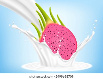 Exotic, tropical Dragon fruit in splash of yogurt or milk, cocktail splash and drops, Milkshake splash with pitaya or pitahaya. Realistic 3d vector illustration