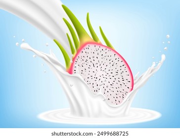 Exotic, tropical Dragon fruit in splash of yogurt or milk, cocktail splash and drops, Milkshake splash with pitaya or pitahaya. Realistic 3d vector illustration