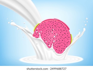 Exotic, tropical Dragon fruit in splash of yogurt or milk, cocktail splash and drops, Milkshake splash with pitaya or pitahaya. Realistic 3d vector illustration