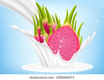 Exotic, tropical Dragon fruit in splash of yogurt or milk, cocktail splash and drops, Milkshake splash with pitaya or pitahaya. Realistic 3d vector illustration