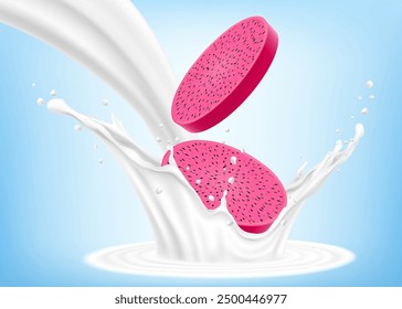 Exotic, tropical Dragon fruit in splash of yogurt or milk, cocktail splash and drops, Milkshake splash with pitaya or pitahaya. Realistic 3d vector illustration