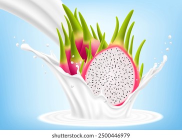 Exotic, tropical Dragon fruit in splash of yogurt or milk, cocktail splash and drops, Milkshake splash with pitaya or pitahaya. Realistic 3d vector illustration