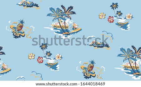 Exotic Tropical Elements including Island with Sufers, Pineapple, Palms and Fowers