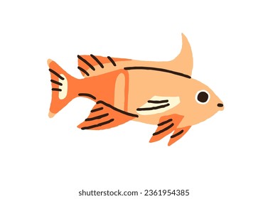 Exotic tropical fictional fish. Cute funny little sea water animal swimming. Fantasy marine species, horned fin. Small underwater fauna. Flat graphic vector illustration isolated on white background