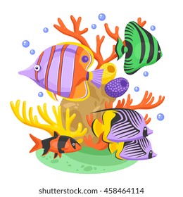 Exotic tropical fish concept with fish and corals flat vector illustration 