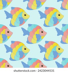 Exotic tropical fish endless fabric print illustration. Aquatic animals swimming. Kids fashion clothes print. Tropical fish wildlife graphic design. Multicolor squama, fins