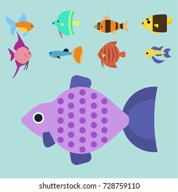 Exotic tropical fish race different breed colors underwater ocean species aquatic strain nature flat vector illustration.