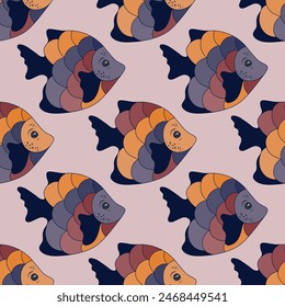 Ilustración exótica de tela sin costuras de peces tropicales. Patrón de animales oceánicos. Estampado de tela de moda para niños. Diseño gráfico marino de peces tropicales. Escamas multicolores, aletas