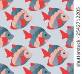 Exotic tropical fish seamless ornament vector. Ocean fauna diving. Baby fashion clothes print. Tropical fish flat graphic design. Different color scales, tail