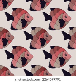 Exotic tropical fish seamless pattern design. Ocean animals pattern. Kids fashion textile print. Tropical fish decorative graphic design. Colorful squama, tail