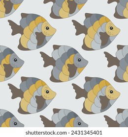 Exotic tropical fish seamless textile print illustration. Aquarium fauna swimming. Summer fashion clothes print. Tropical fish flat illustration. Different color scales, fins