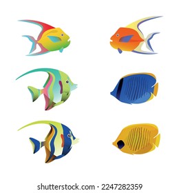 Exotic tropical fish set in different shapes and colors flat isolated illustration