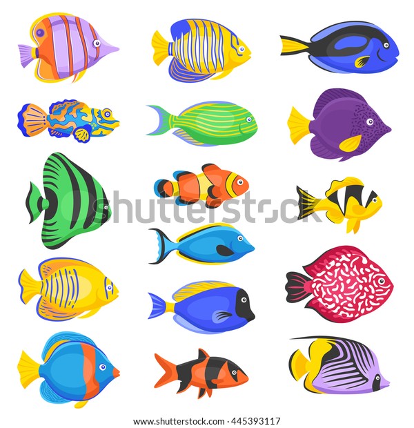 異なる形と色の熱帯魚セット 平らな分離型ベクターイラスト のベクター画像素材 ロイヤリティフリー