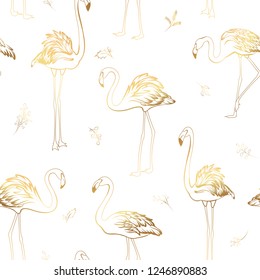 Exotic tropical flamingo birds mistletoe elements seamless pattern. Bright shiny golden colors on white background. Christmas xmas new year holidays party theme. Vector illustration decoration fabric.