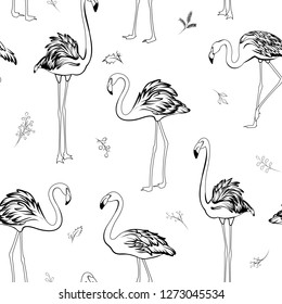 Exotic tropical flamingo birds mistletoe elements seamless pattern. Black on white background. Christmas xmas new year holidays party theme. Vector illustration decoration fabric.