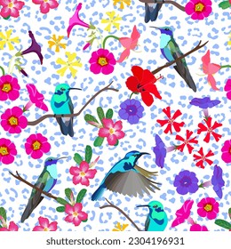 exotic tropical floral and animal print. blue humming birds and leopard seamless pattern. desert rose, hibiscus, petunia flowers. good for fabric, fashion, summer dress, wallpaper, background, textile