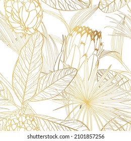 Exotic tropical floral golden line flowers, magnolia branch, protea, fan palm leaves seamless pattern. White background. Golden floral wallpaper. 