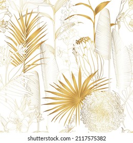 Exotic tropical floral golden line flowers, protea, fan palm leaves seamless pattern. White background. Golden floral wallpaper. 