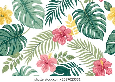 Exotic Tropical Floral Print with Hibiscus and Lush Leaves
