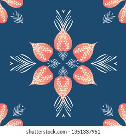Exotic tropical floral seamless pattern, coral and navy blue. Repeating vector. Island paradise vibe, great for destination wedding, invitations, summer textile prints, fashion and coastal decor.
