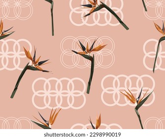 Exotic tropical flowers bird of paradise Hand drawn on geometric circle background seamless pattern Vector  illustration Design for fashion , fabric, textile, wallpaper, wrapping and all prints 