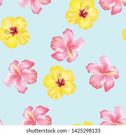 Exotic tropical flowers coral hibiscus palm leaves pattern seamless. Jungle vector vintage wallpaper