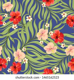 Exotic tropical flowers coral hibiscus palm leaves pattern seamless. Jungle vector vintage wallpaper