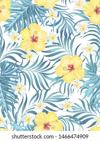 Exotic tropical flowers coral hibiscus palm leaves pattern seamless. Jungle vector vintage wallpaper