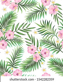 Exotische tropische Blumen Korallenhibiskus Palmen Blätter Muster nahtlos. Jungle-Vektorillustration-Vintage-Tapete