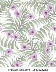 	
Exotic tropical flowers coral hibiscus palm leaves pattern seamless. Jungle vector vintage wallpaper