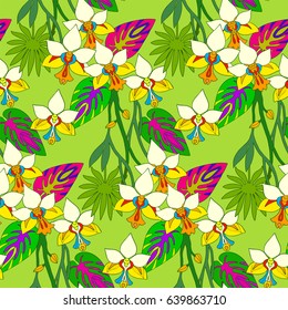 Exotic tropical flowers floral seamless pattern with orchid.