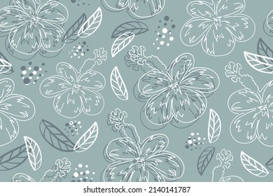 Exotic tropical flowers. Hawaiian style floral design with leaves. Seamless pattern repeating texture background. For fashion graphics, textile prints, fabrics.