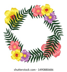 exotic and tropical flowers with leafs circular frame