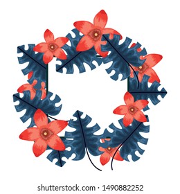 exotic and tropical flowers with leafs circular frame