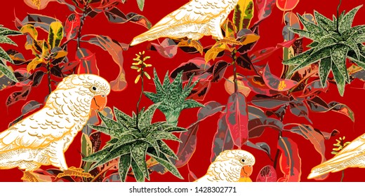 Exotic tropical flowers, leaves and parrots on red background. Wildlife seamless pattern. Cacti, ficus and birds. Floral decoration template for design fabrics, textiles, paper and wallpaper.