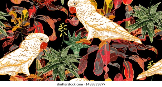 Exotic tropical flowers, leaves and parrots on black background. Wildlife seamless pattern. Cacti, ficus and birds. Floral decoration template for design fabrics, textiles, paper and wallpaper.