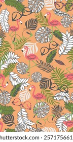  Exotic tropical flowers and leaves seamless pattern. Flamingo birds. artwork for fabrics, souvenirs, packaging, greeting cards and scrapbooking
