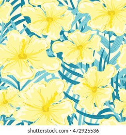 Exotic Tropical Flowers and Leaves Summer Background. Vector illustration.