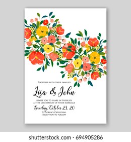 Exotic tropical flowers on striped background for the holiday Valentine's Day. Gold lettering handwriting. Invitation to a party