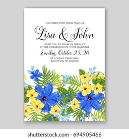 Exotic tropical flowers on striped background for the holiday Valentine's Day. Gold lettering handwriting. Invitation to a party
