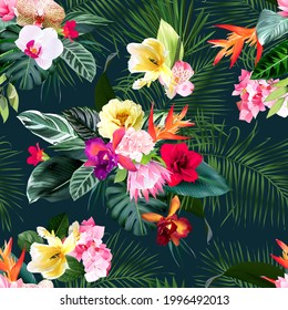 Exotic tropical flowers, orchid, strelitzia, hibiscus, protea, ylang-ylang, palm, monstera leaves vector seamless pattern. Ocean tide wedding design print. Island greenery. Isolated and editable