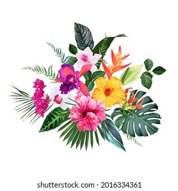 Exotic tropical flowers, orchid, strelitzia, hibiscus, bougainvillea, gloriosa, palm, monstera leaves vector design bouquet. Jungle forest wedding floral design. Island greenery. Isolated and editable