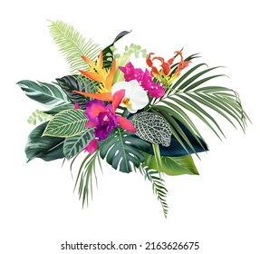 Flores tropicales exóticas, orquídeas, estrelitzia, buganvillas, gloriosa, palma, monstera, ramo de diseño vectorial de hojas de calatea. Diseño floral de bodas en selva selva. La vegetación de la isla. Aislado y editable